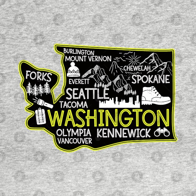 Washington cute map Tacoma Seattle Kennewick Spokane by BoogieCreates